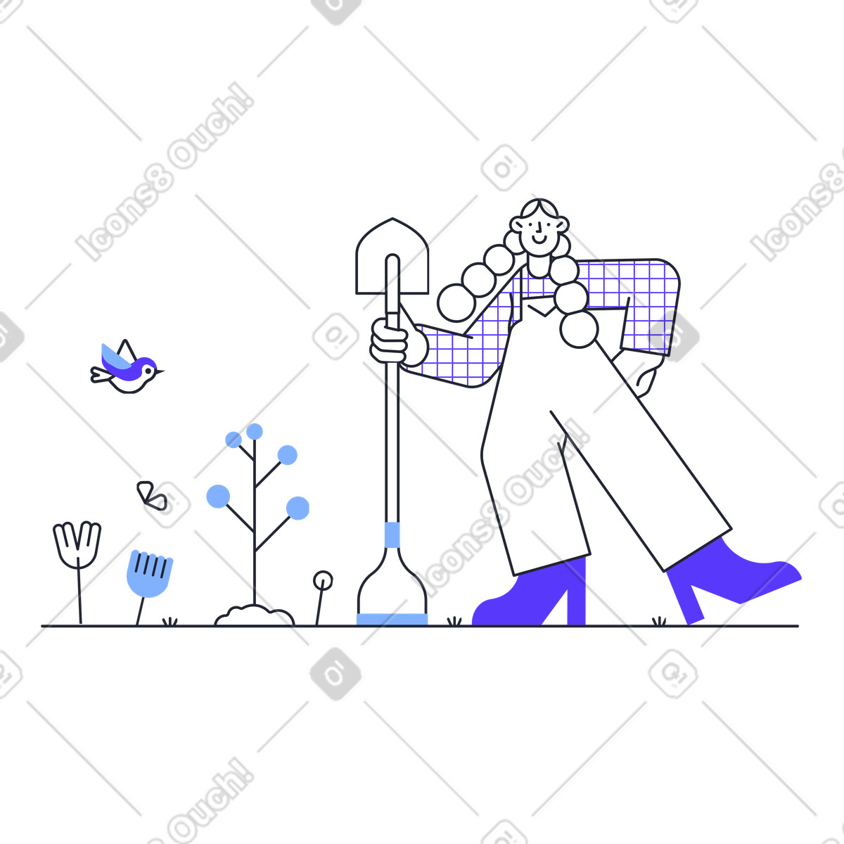 Ilustración Mujer con pala jardinería afuera en estilo Pablita a descargar en PNG y SVG