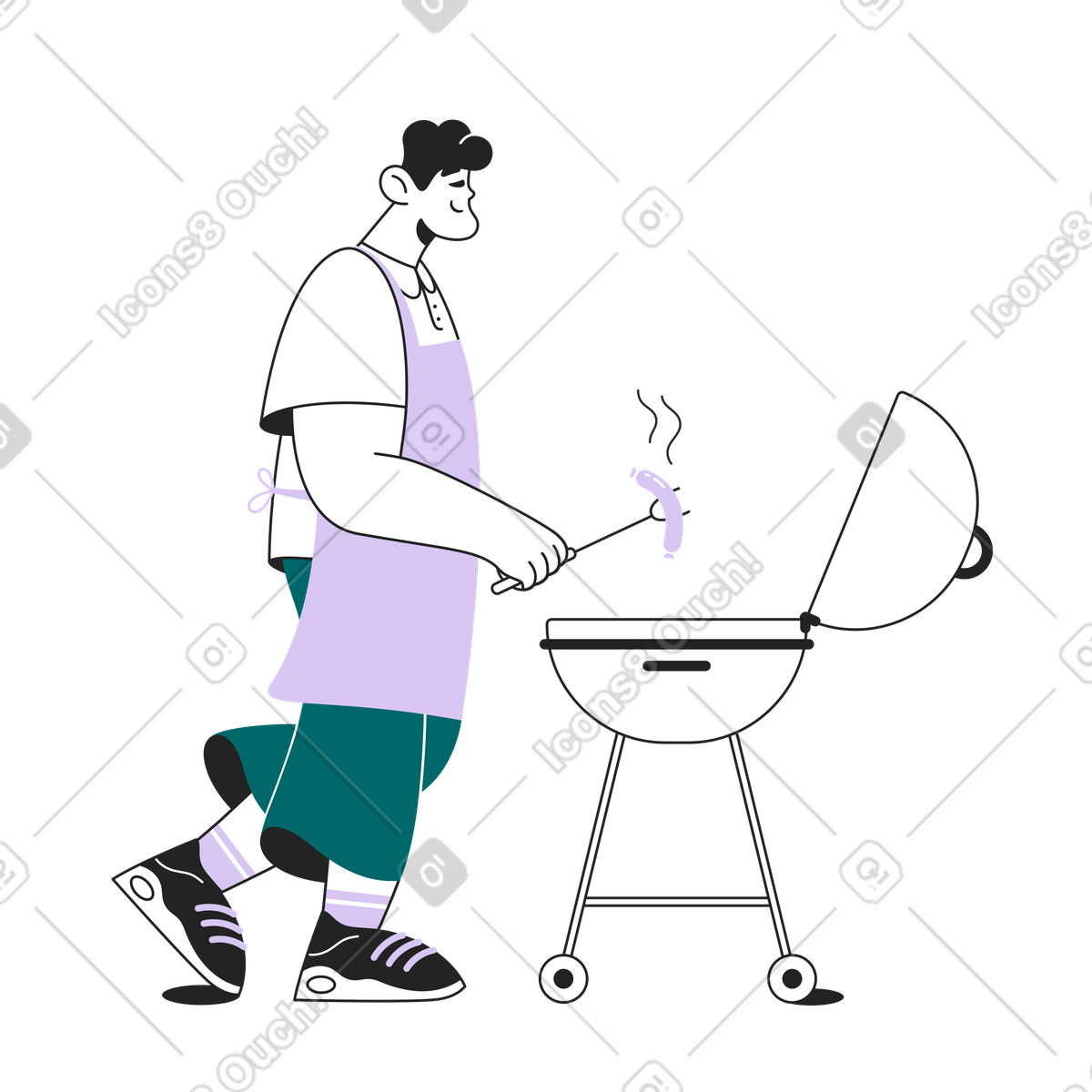 Person flipping sausage with tongs on grill, outdoor cooking and summer picnic illustrazione in stile Sammy Line scarica in PNG, SVG