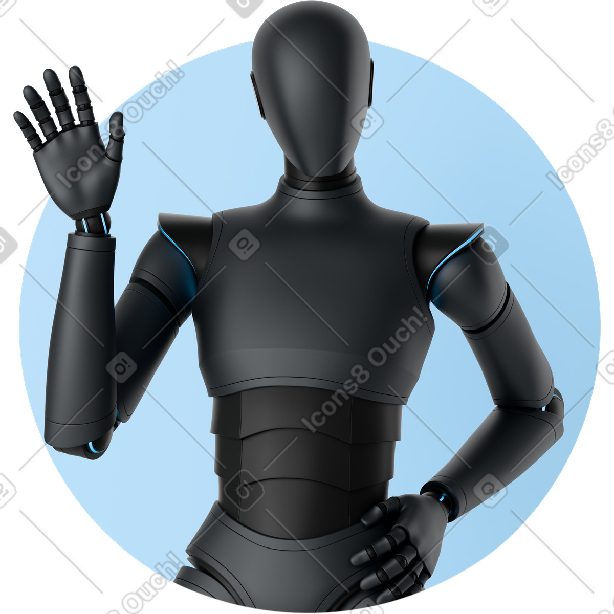 3D Business スタイルの 手を振る黒いaiエージェントのアバター のイラストをPNG、SVG形式でダウンロード