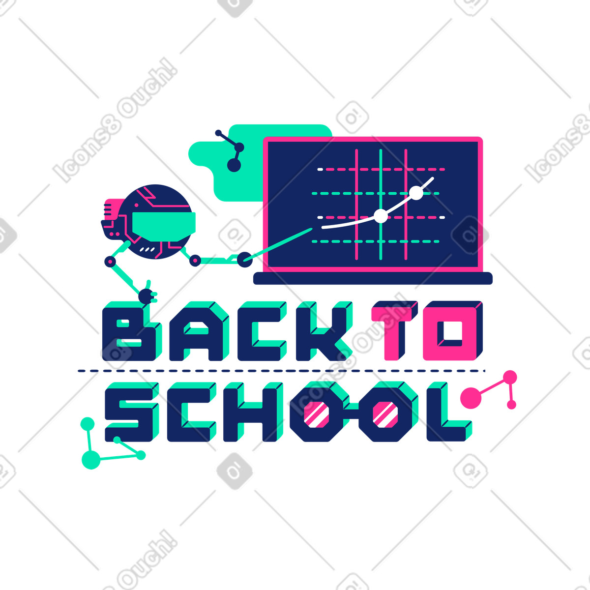 Robot teacher pointing at chart on blackboard, Back to school futuristic lettering-Illustration im Cyborg-Stil als Download in PNG, SVG
