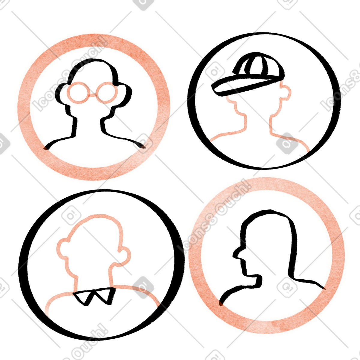 Illustration animée Avatars circulaires dessinés à la main, portraits minimalistes aux contours nets dans le style Hand-drawn animation télécharger formats GIF, Lottie (JSON), AE