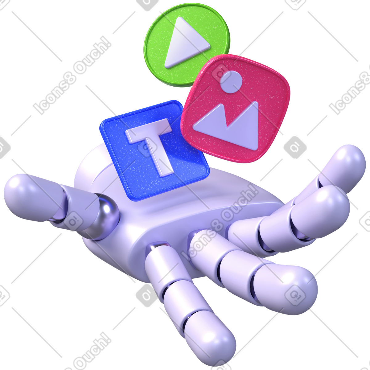 Robot hand and media icons, automated multimedia content generation illustration in 3D Boost style download in PNG, SVG