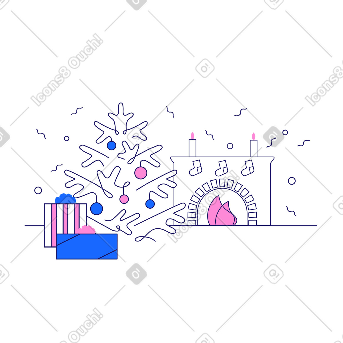 下载 Matey 风格的 壁炉旁的圣诞树和礼物 插画，支持 PNG、SVG 格式