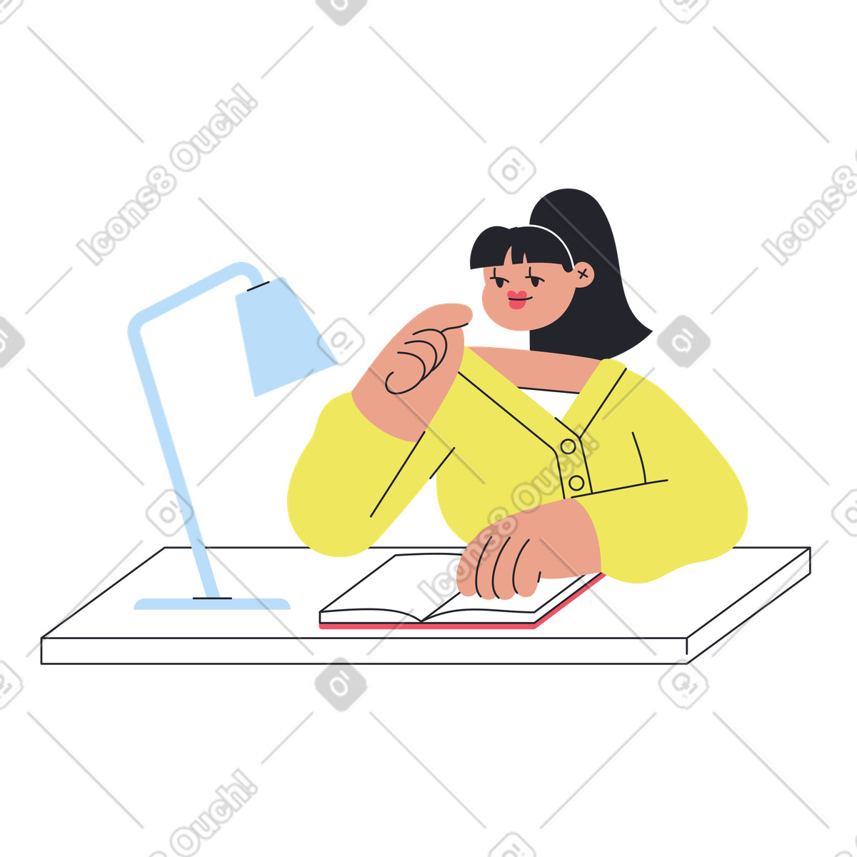 下载 Boba 风格的 Student at desk reading book, Exam preparation and learning 插画，支持 PNG、SVG 格式