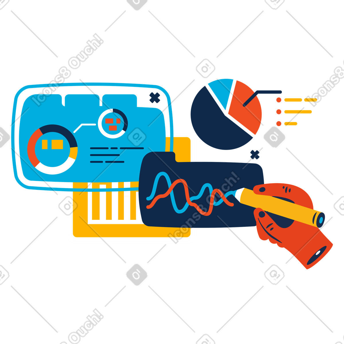 Ilustración Trabajando con datos en estilo Flame a descargar en PNG y SVG