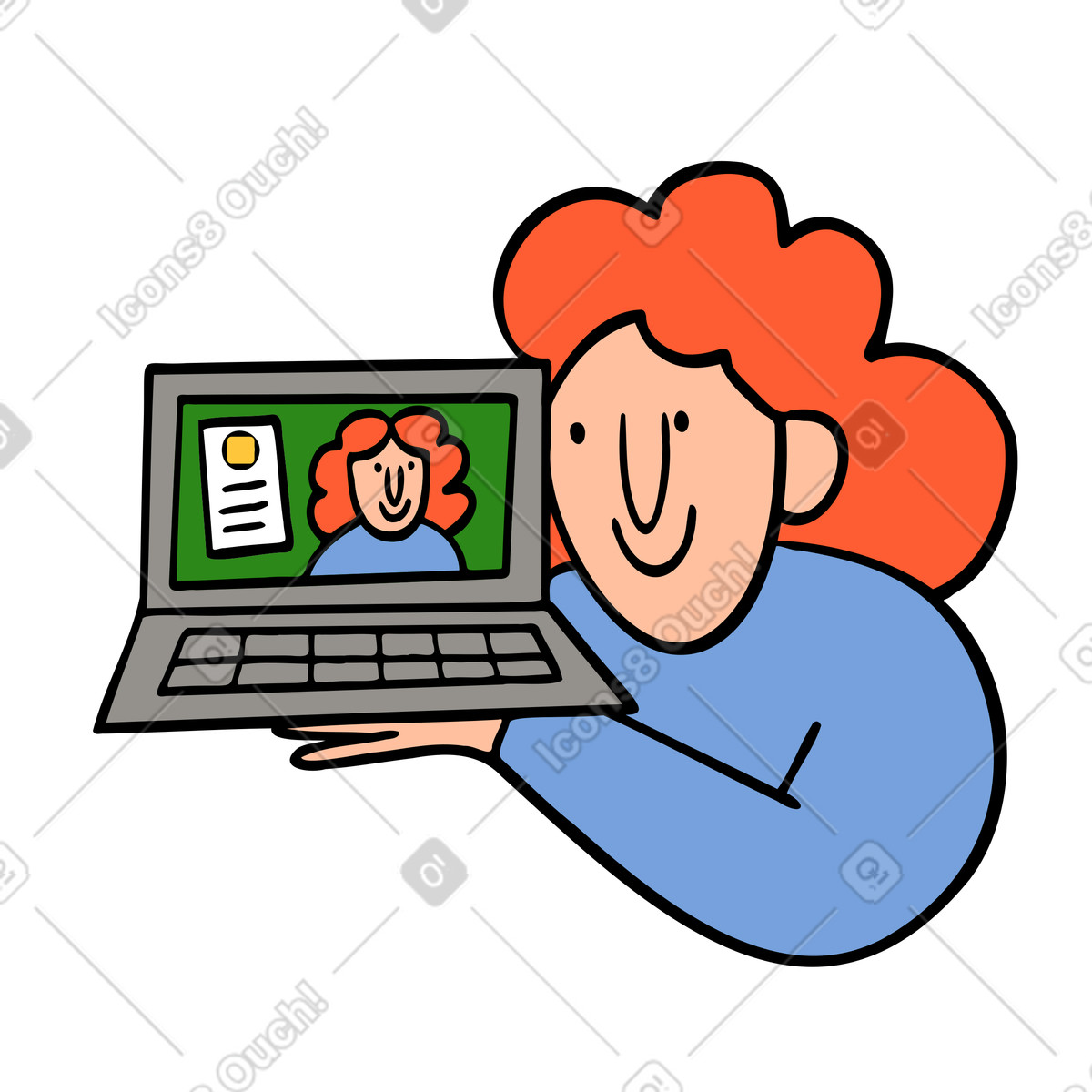 Woman presenting portfolio or website on laptop illustration in Comic style download in PNG, SVG