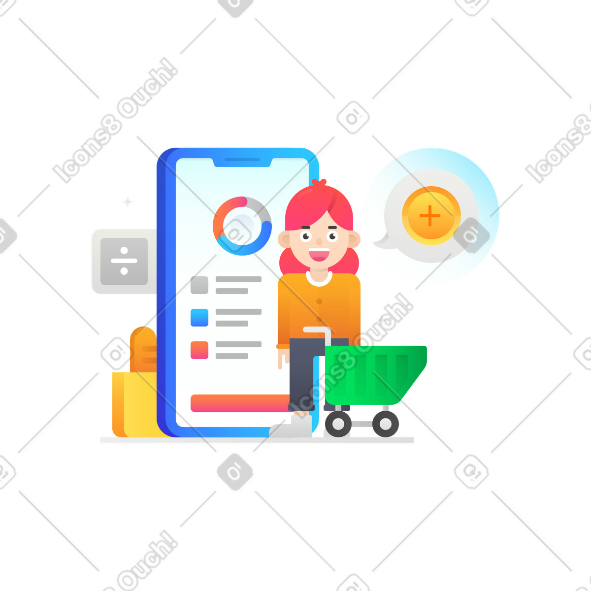 Woman using mobile app for expense tracking illustration in Hugo style download in PNG, SVG