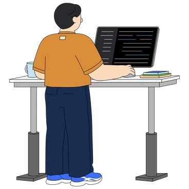 A man standing at a desk using a computer - Kindy style illustration