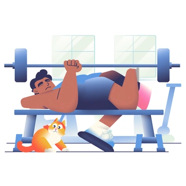 A person with medium skin and short black hair is lying on a bench press, lifting a barbell with weights on both sides. The person is wearing a fitted blue tank top and black athletic shorts. Their expression shows focus and determination. Nearby, a curious cat with orange and white fur is sitting on the gym floor, looking up at the person with wide, intrigued eyes. The gym environment has various exercise equipment in the background, including dumbbells and a treadmill. Natural light is streaming in through a window, illuminating the scene.