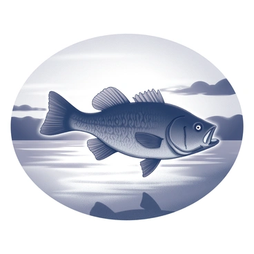 A large-mouth bass is depicted in silhouette, creating a distinct shape against the backdrop of a sunset sky. The sky features varying shades of light and dark, blending harmoniously. The water reflects the silhouette of the fish, creating a symmetry between the top and bottom sections of the image. The scene conveys a sense of tranquility and harmony between nature and wildlife.