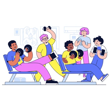 A diverse group of people is exercising at a gym. Each person is positioned on separate benches, performing a dumbbell bench press. One person is a tall man with dark hair, lifting two heavy dumbbells. Next to him, a woman with curly hair is also engaged in the exercise, her dumbbells elevated above her chest. Another individual, an older man with glasses, is focusing intently as he presses his dumbbells. Nearby, a young woman with short hair is smiling as she lifts her weights. The gym features various workout equipment in the background, including weights and exercise mats.