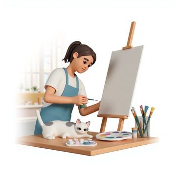 A fluffy white cat, with gray patches, is lounging comfortably on a wooden table beside an artist. The artist, a middle-aged woman wearing a blue apron, is focused on her canvas, which is set on an easel. She has medium-length brown hair tied back and is holding a paintbrush in her right hand. The palette with various paint colors is resting on the table next to the cat. The cat is sprawled out, eyes half-closed, basking in the warm light coming from a nearby window. Various art supplies are scattered around the workspace, including tubes of paint and brushes in a jar.