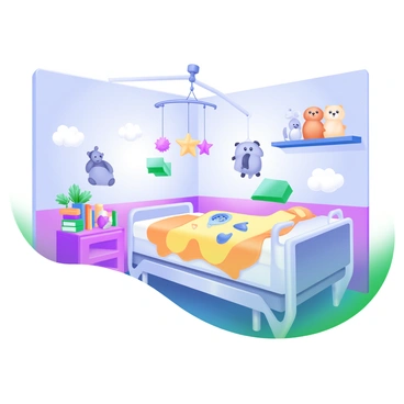 A pediatric surgery room designed with a focus on child-friendly decor. The walls are painted in soft pastel colors, adorned with cheerful animal murals. There is a cozy bed in the center, covered with a bright yellow blanket featuring cartoon characters. Nearby, a playful mobile hangs from the ceiling, depicting colorful stars and clouds. A small table holds a variety of toys and books, inviting children to engage and feel at ease. Soft lighting illuminates the room, creating a warm atmosphere. On a shelf, there are cute stuffed animals arranged, adding to the comforting environment.