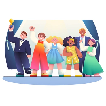 A group of five young actors is standing together, smiling proudly while holding a mini Oscar trophy aloft. The actors consist of two boys and three girls, each displaying a variety of hairstyles and colorful costumes. One boy with short brown hair is wearing a black tuxedo, while another boy with curly hair is dressed in a bright red costume. One girl with long blonde hair is in a flowing blue dress, and another girl with dark hair is wearing a sparkly gold outfit. The fifth girl has short curly hair and is dressed in a vibrant green costume. The background features a simple stage with a dark curtain and soft spotlight illuminating the actors, highlighting their joyful expressions as they celebrate their achievement.