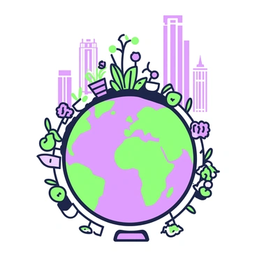 An urban garden is flourishing atop a globe, which features detailed continents and is positioned centrally in the image. The garden is filled with various plants, including vibrant flowers and leafy greens, thriving in small planters and soil. Surrounding the globe, a backdrop of tall skyscrapers rises, showcasing a mix of architectural styles. The sky is clear, allowing natural light to illuminate the scene, creating a lively atmosphere in this unique setting.