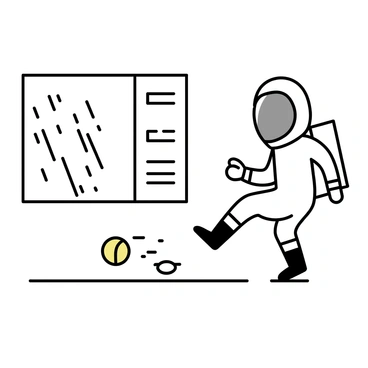 An astronaut in a white space suit, with a reflective helmet, is positioned within the confines of a space station. The astronaut is extending one leg, preparing to kick a small, colorful soccer ball that is floating nearby. The interior of the space station showcases various buttons and panels on the walls, with a large window revealing the vastness of space outside. The soccer ball is in mid-motion, slightly tilted as it begins to move away from the astronaut's foot.