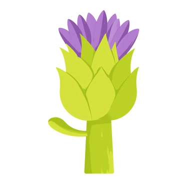 An artichoke with green, spiky leaves stands prominently in the center of the image. The artichoke features multiple layers, showing its textured surface. Atop the artichoke, there are vibrant purple flowers in full bloom, showcasing their rich color and intricate petal structure. The flowers extend outward, creating a striking contrast against the green of the artichoke leaves. A few leaves are slightly bent, adding to the natural look of the composition.