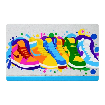 A vibrant street wall features an array of colorful graffiti art depicting various Air Jordan sneakers. Each sneaker is illustrated in a unique design and color scheme, showcasing bright reds, blues, greens, and yellows. The background of the wall has abstract patterns and splashes of paint that enhance the overall energetic atmosphere. Shadows and highlights on the sneakers give them a three-dimensional appearance, making them pop against the textured surface of the wall.