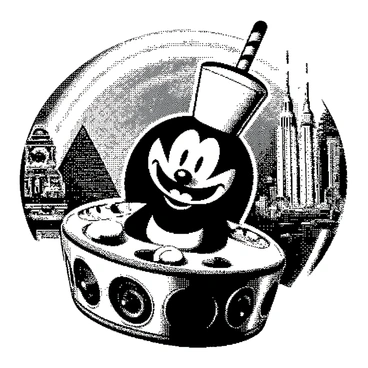 A cartoon character named "Cuphead" with a cup-shaped head and straw is sitting inside a time machine. The time machine has dials and levers, with a metallic exterior featuring intricate designs. Behind Cuphead, a swirling vortex represents time travel, with distinct visual elements indicating different historical eras. On the left, there is an ancient Egyptian pyramid with hieroglyphics. In the center, a medieval castle with tall towers and flags can be seen. On the right, there is a futuristic city with sleek buildings and flying cars. Cuphead appears excited, leaning forward and gripping the controls tightly, ready for his adventure.