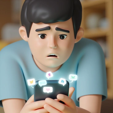 A close-up view of a smartphone screen displaying multiple notifications from a group chat, with messages appearing in colorful speech bubbles. The screen is emitting a soft glow to indicate buzzing. In the foreground, a person with short dark hair, wearing a light blue shirt, is staring intently at the phone with a look of anxiety on their face. Their brow is slightly furrowed, and their hands are resting on their knees. A blurred background suggests a cozy room setting, enhancing the focus on the phone and the individual.