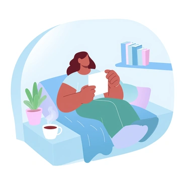 A person is sitting in a cozy nook filled with soft cushions and a warm blanket. The person is holding an open love letter, and their cheeks exhibit a subtle blush. The nook is illuminated by gentle, diffused light, creating a warm atmosphere. Nearby, a small bookshelf filled with assorted books and a steaming cup of tea rests on a side table. A decorative plant adds a touch of greenery to the space, enhancing the inviting feel of the nook.