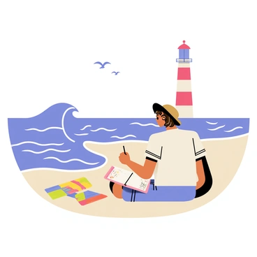 An illustrator sits on a sandy beach with a sketchbook on their lap. The illustrator has curly brown hair and is wearing a wide-brimmed hat. They are focused on sketching the ocean waves that crash gently against the shore. To the side, there is a tall lighthouse with red and white stripes, standing firm against a clear blue sky. The waves are depicted with curling white foam, and seagulls can be seen flying above. A few colorful beach towels are spread out on the sand nearby, adding to the scene.