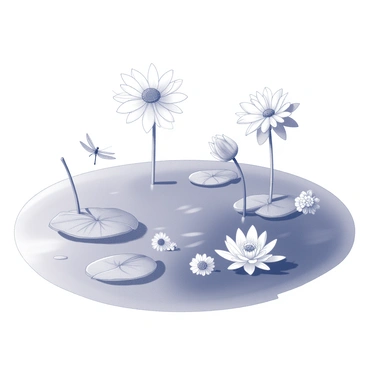 A tranquil pond with a smooth surface reflecting the surrounding environment. The surface is adorned with various flowers, each distinct in shape and size, creating a vibrant display as they float gently. The flowers include large, round blooms with intricate petals and smaller, delicate blossoms interspersed among the larger ones. The scene is enriched by the gentle ripples in the water, suggesting a light breeze. Lily pads are visible, providing a natural base for some of the flowers, while a few dragonflies hover nearby, adding life to the serene setting.