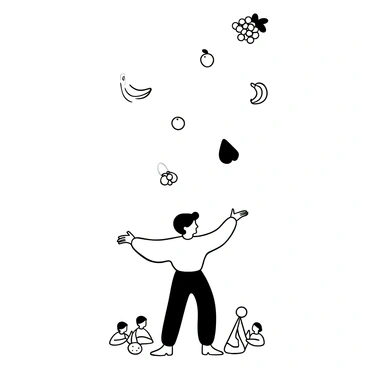 A juggler with a dynamic pose stands in the center, balancing on one foot. The juggler's arms are raised as they toss a variety of fruits into the air. Oranges and bananas soar high above, with one apple and a bunch of grapes also included in the act. The juggler wears a loose outfit that flows with their movements. Below, a small crowd of spectators watches with interest, their outlines suggesting excitement. Small details like a few fallen fruits on the ground complete the scene.