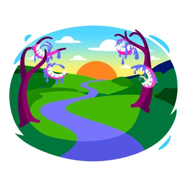 A scene depicting "time warping" with multiple "melting clocks" draped over distorted and bending tree branches. The background features "landscapes shifting," with rolling hills that flow like liquid and a sky that transitions from day to night. A "twisting pathway" leads through the scene, with “vibrant colors” blending together, creating a sense of fluidity and motion. In the foreground, a "large sun" appears to ripple as it sets, casting "elongated shadows" across the warped terrain.