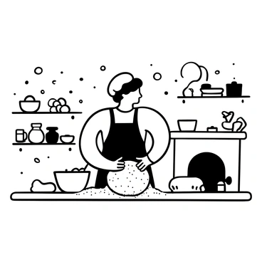 A baker with a flour-dusted apron kneads a large ball of dough on a wooden countertop. Flour particles are suspended in the air, creating a soft cloud around the baker. The warm kitchen has wooden shelves lined with various baking tools and ingredients. A rolling pin and a bowl of ingredients sit nearby, along with an oven in the background, suggesting a cozy atmosphere.