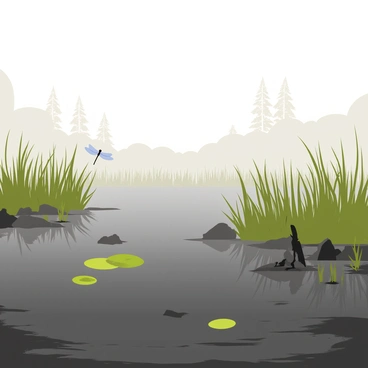 A wetland scene with tall grasses and dark, murky water. The area is enveloped in thick, swirling fog that drapes over the landscape. Silhouettes of distant trees can be seen barely breaking through the mist. Small patches of lily pads float on the surface of the water, and the ground is dotted with rocks and fallen branches. A few pale-blue dragonflies hover in the damp air, adding to the sense of stillness in the early morning.