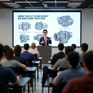 An engineer presenting car engine innovations at a conference with a large screen
