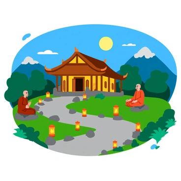 A traditional temple located in a tranquil setting under the soft glow of the moonlight. The temple features ornate architecture with curved roofs and intricate wooden details. Monks dressed in simple robes are seated in meditation, their expressions calm and focused. Various lanterns are placed along a winding path, casting a warm light that highlights the stones and plants surrounding the temple. The scene is completed with gently swaying trees and the bright moon shining above, creating a peaceful atmosphere.