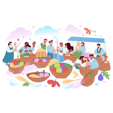 A vibrant autumn harvest festival is taking place in Alsace. Groups of locals are gathered together, wearing traditional clothes, celebrating the season. A variety of colorful fruits such as apples, pears, and grapes are piled in baskets around them. In addition, sheaves of golden grains are stacked nearby. Some locals are engaged in activities, such as picking fruits from trees and arranging them in baskets. Decorated stalls display an assortment of seasonal produce, while decorative autumn leaves are scattered on the ground. The atmosphere is filled with the warmth of community and the richness of the harvest.