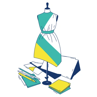 A white dress with clean lines and a fitted silhouette is displayed on a mannequin. The dress features bold block colors, with large sections of teal and bright yellow creating a striking contrast. The fabric drapes elegantly, showcasing a contemporary design. Surrounding the dress are various fashion sketch pads, colored pencils, and swatches of fabric in complementary colors, adding to the creative atmosphere. Soft studio lighting illuminates the scene, highlighting the details of the fashion design.