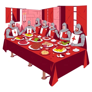 A red long table is set with an abundance of hearty dishes, including roasted meats, fresh bread, and colorful fruits. At the table, several knights in shining armor are engaged in lively conversation, while a group of elegantly dressed royalty sits at the head of the table, adorned in luxurious gowns and capes. Large goblets filled with a deep shade of red wine are placed in front of each guest. Banners hang from the stone walls, adding to the grandeur of the setting. The warm glow of candlelight illuminates the scene, casting playful shadows around the hall.