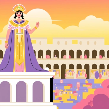 An empress dressed in intricate Roman attire stands on a marble balcony. Her gown features flowing layers of purple and gold fabric, embellished with ornate patterns. The empress wears a decorative golden crown adorned with jewels, enhancing her regal presence. Below her, a grand coliseum filled with spectators is visible, with arches and columns forming its majestic structure. The sky above is painted in warm hues of orange and pink, suggesting a sunset, casting a golden light over the scene.