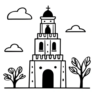 A bell tower with intricate architectural details rises against the sky. The tower features large bronze bells positioned prominently at the top, ready to chime. Surrounding the tower are decorative arches and a series of narrow windows that add to its grandeur. A few clouds drift in the background, creating a dynamic atmosphere around the tower. In the foreground, there are trees with detailed branches and leaves, framing the scene.