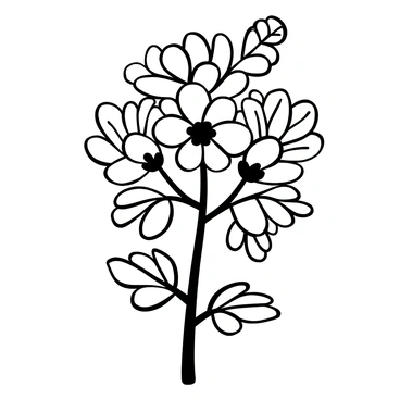 A cluster of "raspberry blossoms" with delicate petals, depicted in a way that emphasizes their soft shapes. Each blossom is surrounded by intricate leaves that add a lush background. The blossoms are shown as if they are "swaying in a gentle breeze," with some petals appearing slightly tilted and leaves fluttering. The stem of the raspberry plant is tall and slender, anchoring the blossoms in a natural arrangement.