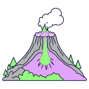 A detailed cross-section view of a volcano illustrating an eruption. The volcano features a conical shape with layers of different materials such as ash and lava. At the center, there is a magma chamber depicted with molten rock. Above the chamber, a fissure extends to the surface, where lava is actively flowing out. Surrounding the eruption, there are clouds of ash and smoke rising into the air. The surrounding landscape includes trees and rocky terrain at the base of the volcano.