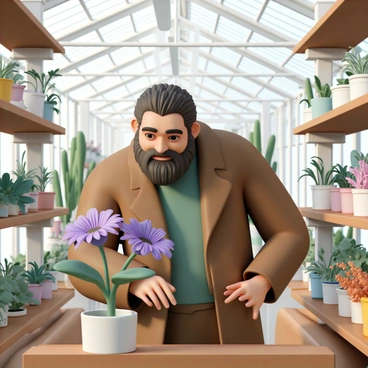 A large man with a bushy beard, wearing a brown coat and a green shirt, is standing inside a spacious greenhouse filled with various unusual plants. He is bending over to examine a vibrant, purple flower with intricate petals. Shelves around him are lined with different herbs, some with bright colors and unique shapes. Sunlight filters through the glass panels of the greenhouse, casting soft shadows on the wooden tables filled with pots of herbs. Hagrid's expression shows curiosity and fascination as he carefully inspects the plants.