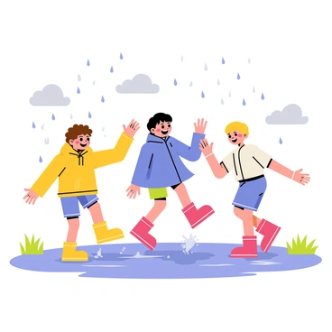 A group of three children joyfully dancing in the rain. One child has curly brown hair and is wearing a yellow raincoat, while another child with straight black hair is in a blue rain poncho. The third child has short blonde hair and is wearing bright red rubber boots. They are splashing in large puddles, sending droplets of water flying into the air. Their faces are lit up with laughter and excitement, capturing the vibrant energy of the moment. Dark gray clouds are visible in the sky above, and patches of green grass are seen in the background.