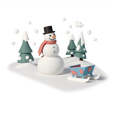 A cheerful snowman pushing a colorful sled down a snowy slope.