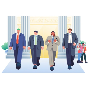 A group of four government officials is walking out of the grand Parliament building. The officials are dressed in formal suits; one is wearing a navy blue suit with a red tie, another has a charcoal grey suit with a light blue shirt, the third is in a beige suit with a patterned tie, and the last official is wearing a black suit with a white blouse. They are engaged in animated discussion, with one official gesturing with their hands. The building's impressive architecture is visible in the background, featuring large columns and intricate carvings. A small crowd of reporters is stationed nearby, holding microphones and notepads, ready to capture statements from the officials.