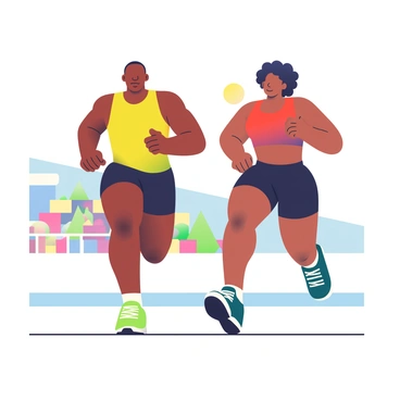 Usain Bolt, a tall Black man with a muscular build, is sprinting on a bright, outdoor track. He is wearing a yellow athletic jersey with black shorts and bright green running shoes. Next to him is another famous athlete, a tall woman with dark skin and curly hair, wearing a red tank top and black leggings. Both athletes are focused and determined as they run side by side, their feet striking the track in perfect synchrony. The sun is shining brightly, casting shadows on the track, and there are distant spectators watching from the stands.