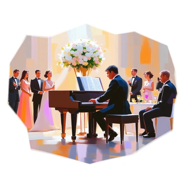 A skilled pianist with dark hair, dressed in a formal black suit, is playing a grand piano at a wedding reception. The piano is situated on a beautifully decorated stage, adorned with white and pastel floral arrangements. Various guests in elegant attire, including women in long dresses and men in suits, are gathered around, some standing and others seated at tables, listening intently to the music. Soft lighting creates a warm atmosphere, and the expressions on the guests' faces reflect enjoyment and appreciation of the classical melodies filling the air.