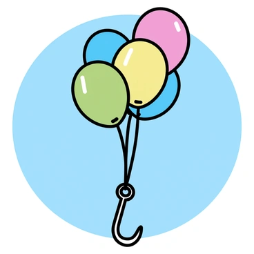 A cluster of colorful balloons in vibrant shades of red, yellow, green, and blue is tethered to a large, metallic hook. The balloons are bobbing gently against the backdrop of a clear blue sky. The hook, sturdy and shining, is anchored firmly at the bottom, creating an eye-catching contrast with the lightness of the balloons. The scene conveys a sense of elevation, with the balloons appearing to float higher and higher, reflecting sunlight and creating a striking visual against the expansive blue.