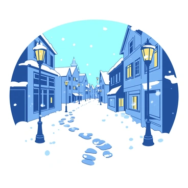 A white city street is covered with a layer of fresh snow, while delicate snowflakes are gently falling from a pale blue sky. Old-fashioned street lamps, glowing softly, line both sides of the street, casting a warm yellow light on the snow. The buildings in the background are vintage-style, with intricate architectural details, and are also blanketed in snow. A pair of footsteps leads down the street, suggesting someone's recent passage through the winter scene.