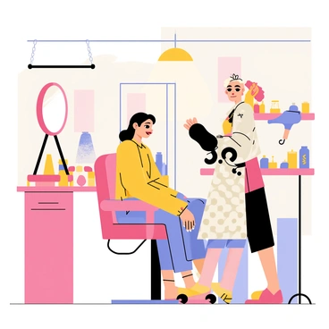 A 1950s themed salon featuring a woman with dark hair sitting in a salon chair. She is surrounded by large classic curlers in her hair, giving her a retro look. The walls of the salon are adorned with pastel colors and vintage posters. A hair dryer on a stand is positioned above her, with a bright light shining down. There are shelves with various hair products and a large round mirror reflecting the scene. A stylist wearing a polka dot apron is standing beside her, carefully adjusting the curlers.