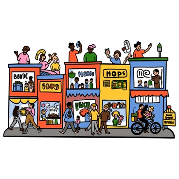 A bustling city street filled with colorful shops displaying various goods in their windows. The shops are painted in bright colors, such as red, blue, and yellow, and have unique signage. Lively pedestrians of different ethnicities are walking along the sidewalk, some carrying shopping bags. There are people chatting, children laughing, and a couple taking a selfie. A street vendor is selling hot dogs, and a cyclist is riding past. The scene is vibrant and full of energy, showcasing the dynamic life of the city.
